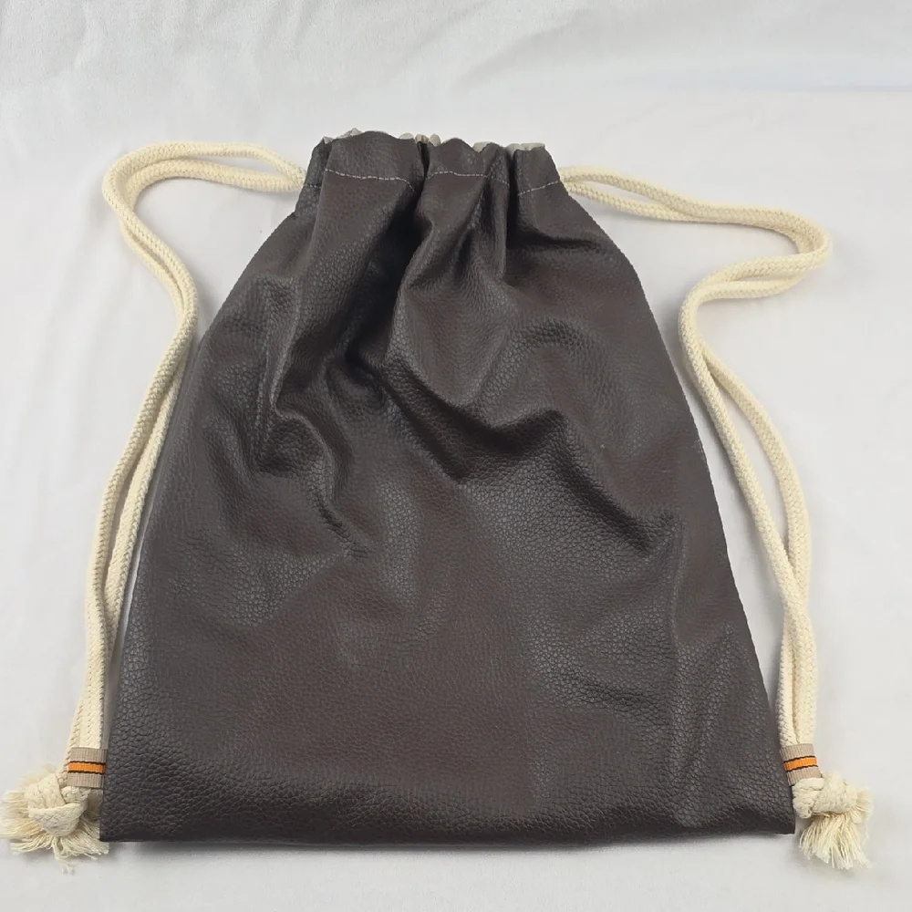 Brown Vegan Leather Drawstring Backpack Large‎ Inside Sleeve Pocket